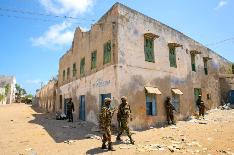 Kenyan soldiers patrol Kismayu on Oct. 5.