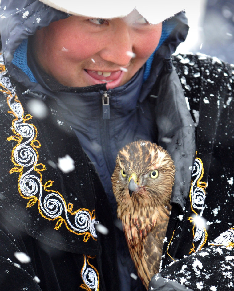 A hunter holds his golden eagle in Bokonbayevo, Kyrgyzstan, on Oct. 6.