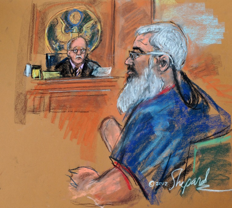 Islamic cleric Abu Hamza al- Masri is seen in a courtroom sketch in front of a U.S. federal court judge in lower Manhattan on Saturday.