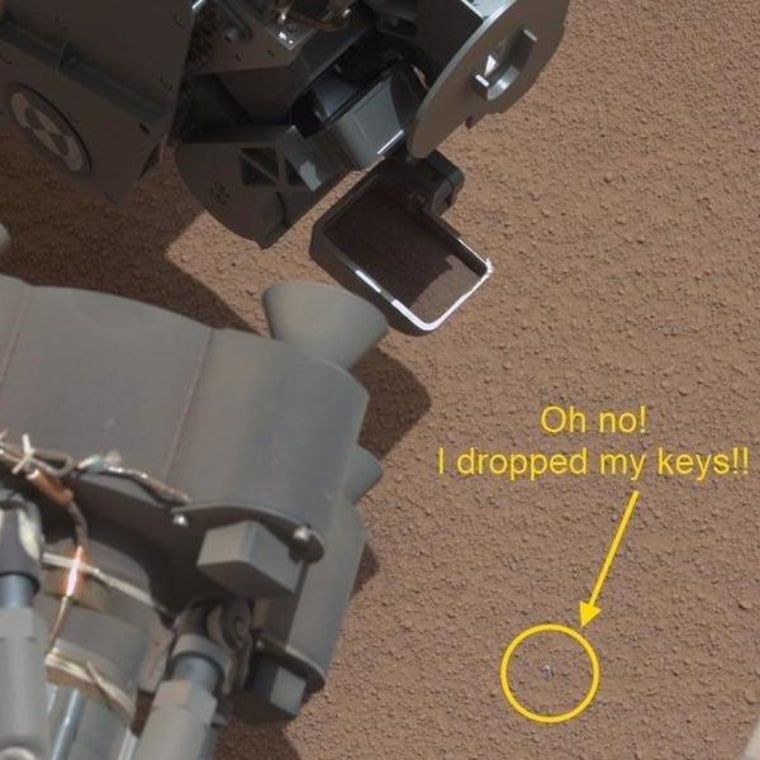 A detail from the Curiosity rover's Mastcam system shows the rover's sampling scoop filled with Martian soil — and a tiny bright object in the foreground. The commentary was added by Virgin Galactic's Will Pomerantz on Twitter. Check NASA's Photojournal for larger versions of the photo.