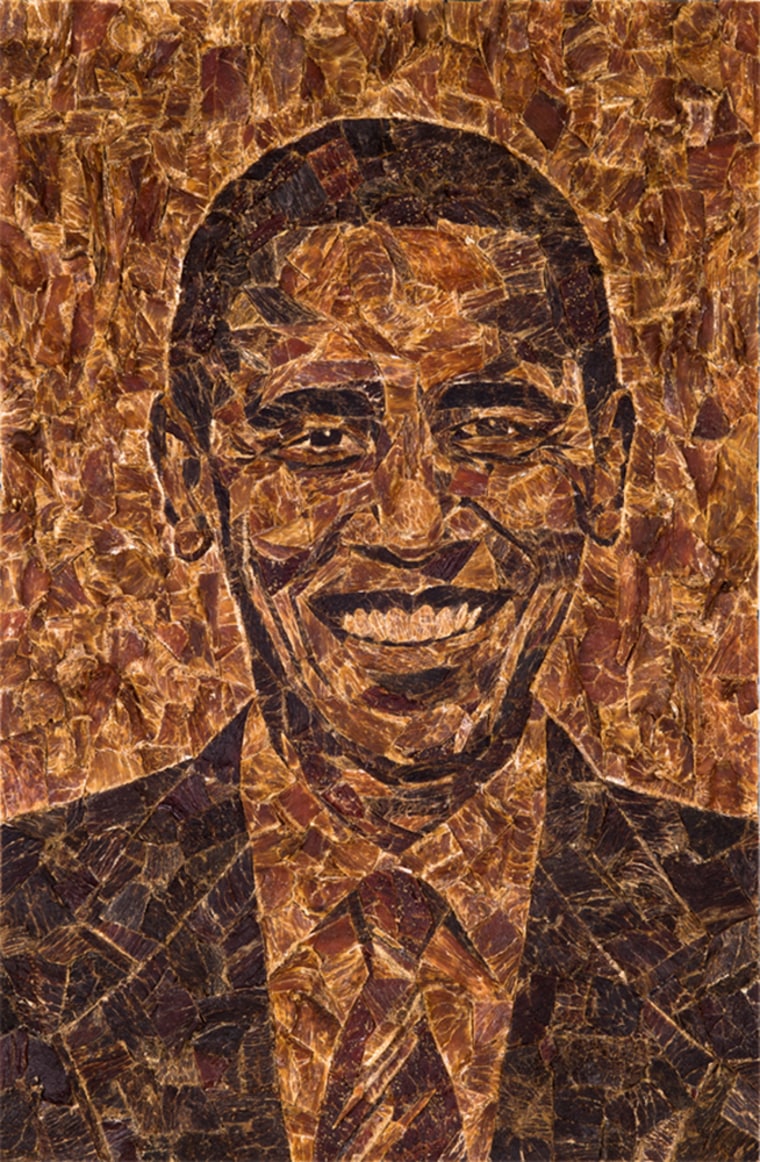 Jason Mecier made portraits of President Barack Obama and challenger Mitt Romney out of beef jerky.