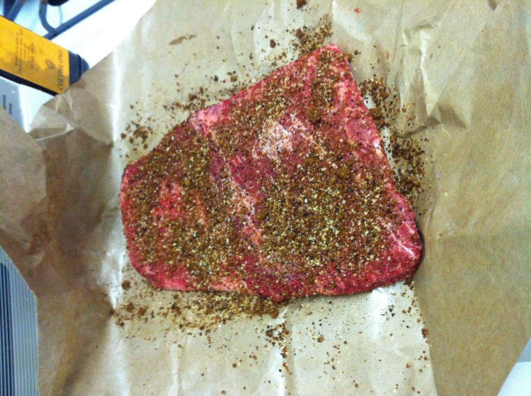 My steak rubbed with Byres' mixture. Eight hours later the rub blended with the meat's juices, creating a sticky coating. Put it in a plastic bag for easy clean up.