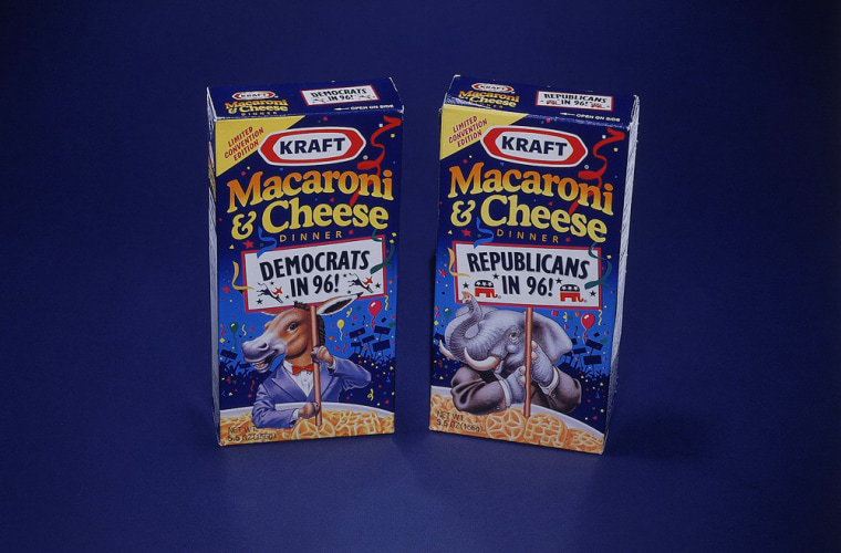 Souvenir Kraft Macaroni & Cheese boxes from the 1996 Democratic and Republican national conventions.