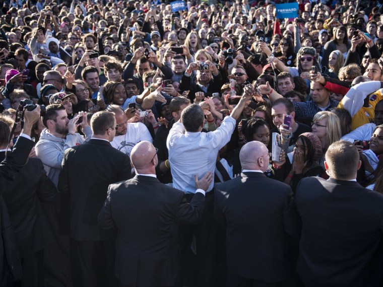 President Barack Obama greets supporters after speaking during a campaign event at the Oval at Ohio State University October 9, 2012 in Columbus, Ohio.
