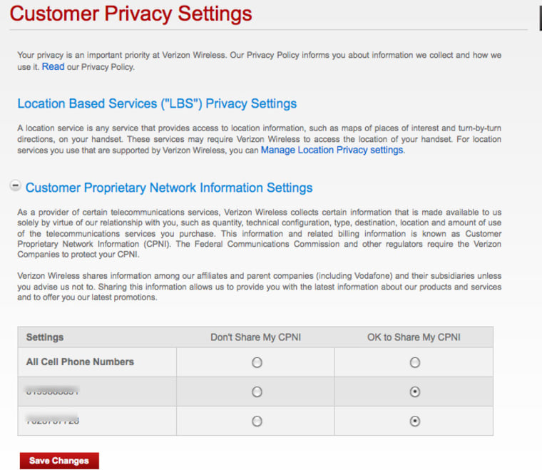 Customer privacy settings, Verizon Wireless