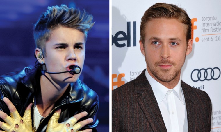 Justin Bieber, left, and Ryan Gosling.