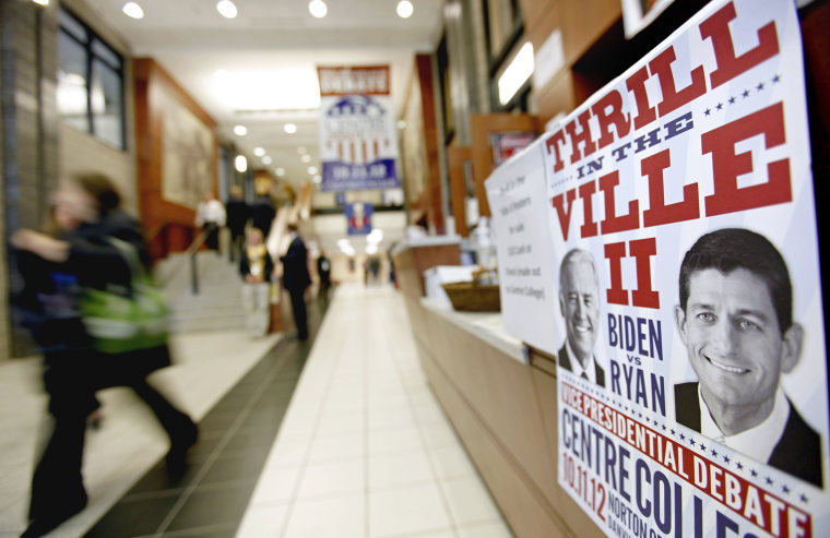 A poster advertising the vice presidential debate between Republican vice presidential candidate Paul Ryan and Vice President Joe Biden is posted inside the Centre College in Danville, Ky., Oct. 11.