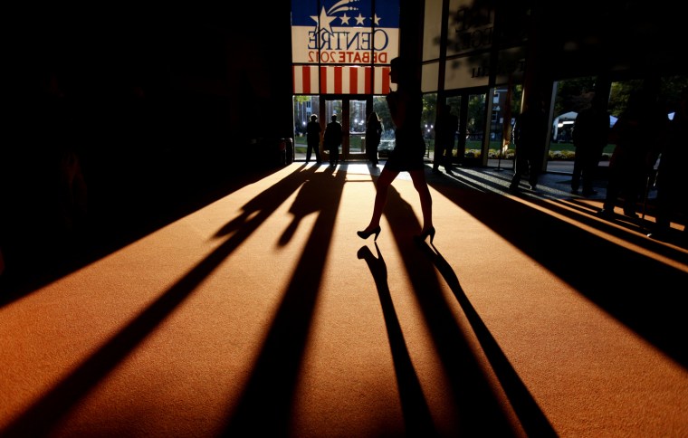 Shadows cast across the floor inside the debate hall ahead of the vice presidential debate at Centre College in Danville, Ky., Oct. 11.