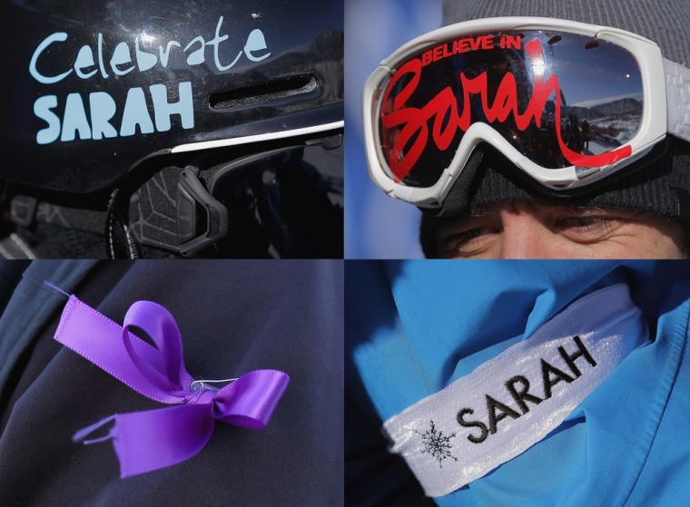 Competitors at the Winter X Games in Aspen, Colo. adorned themselves with items in rememberance of Canadian skier Sarah Burke who died from injuries she sustained in a training accident in Park City, Utah in January.