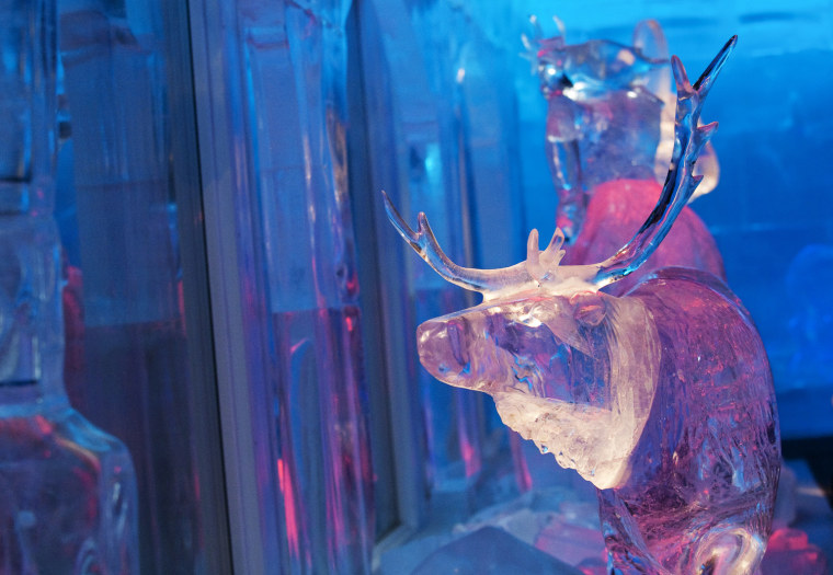 A photo taken on Dec. 14, 2011 shows a reindeer ice sculpture in the Santa Park near Rovaniemi, Finnish Lapland.