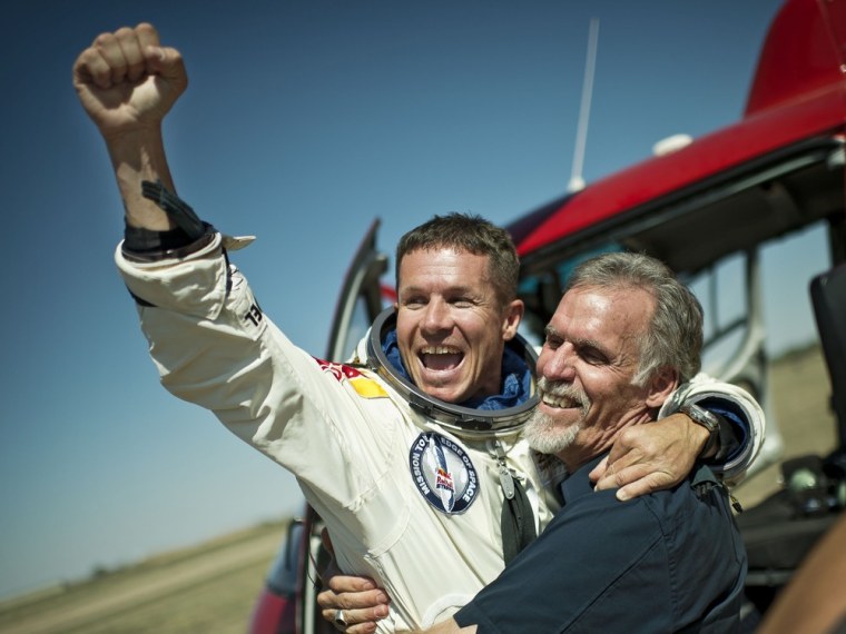 ROSWELL, NM - OCTOBER 14: (NO SALES/NO ARCHIVE) Pilot Felix Baumgartner of Austria and Technical Project Director Art Thompson (R) of the Unites Stat...
