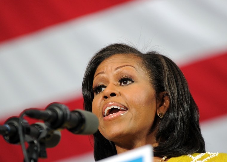 First Lady Michelle Obama speaks during a campaign rally at Ohio Wesleyan University in Delaware on Monday.