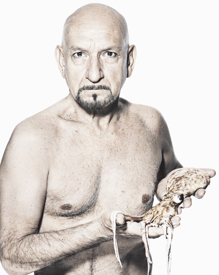 Actor Sir Ben Kingsley poses with an octopus to raise awareness for Fishlove.