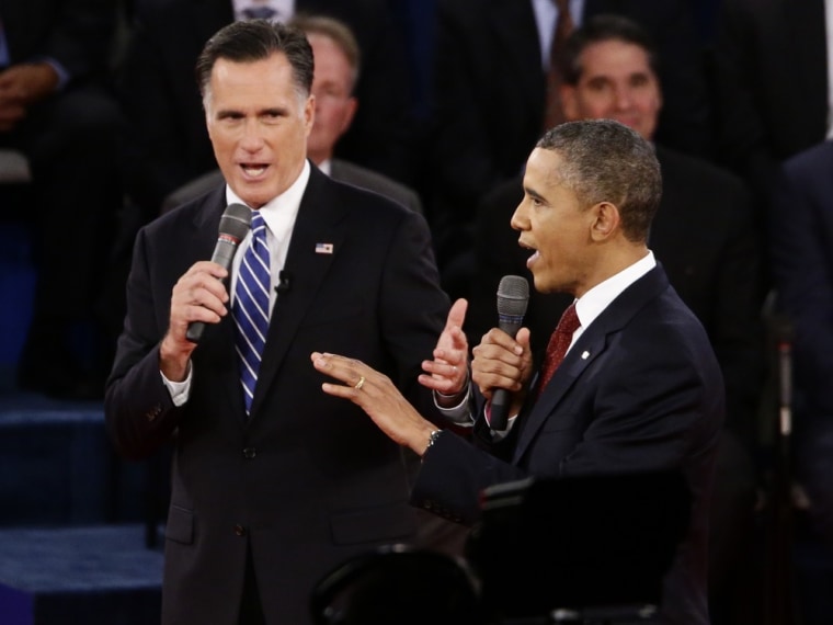 President Barack Obama and Republican presidential candidate and former Massachusetts Gov. Mitt Romney participate in the second presidential debate at Hofstra University in Hempstead, N.Y.