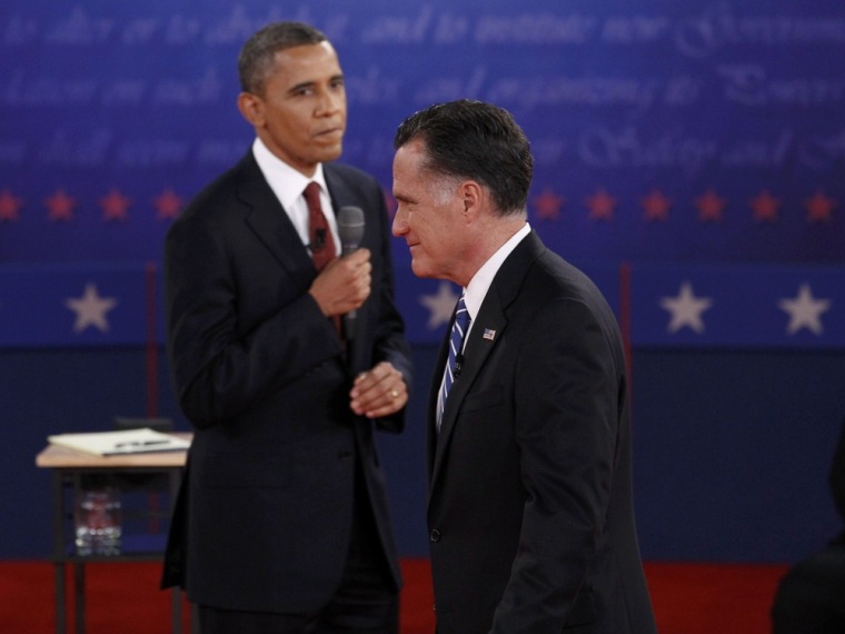 U.S. President Barack Obama (L) looks over at Republican presidential nominee Mitt Romney during the second U.S. presidential campaign debate in Hempstead, New York, October 16, 2012. REUTERS/Jim Young (UNITED STATES - Tags: POLITICS ELECTIONS)