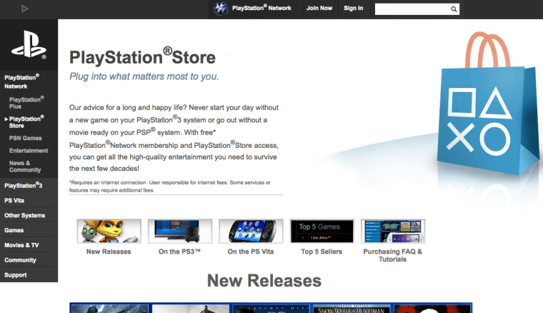 Sony's current home page for the Sony PlayStation Store.