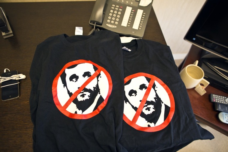 UANI printed up T-shirts for a recent protest against Iranian President Mahmoud Ahmadinejad.