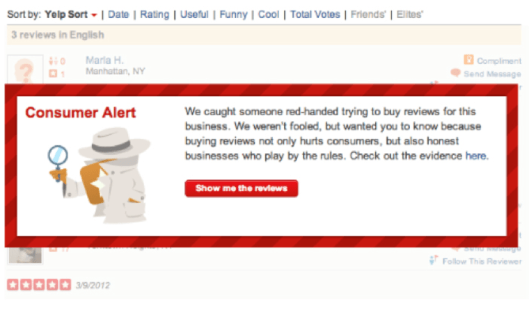 Yelp consumer alert about fake reviews.