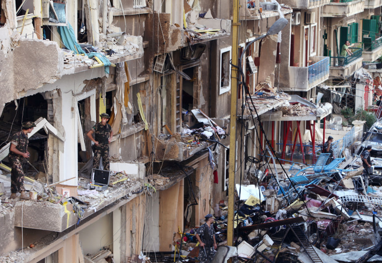 Lebanese soldiers inspect damaged buildings at the scene of an explosion in the mostly Christian neighborhood of Achrafiyeh, Beirut, Lebanon, on Oct. 19.