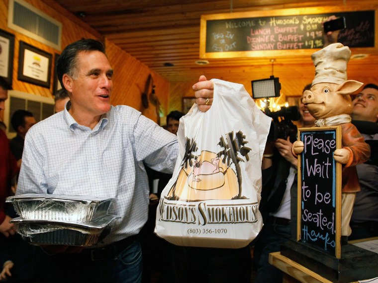 Former Goc. Romney stops at Hudson Smokehouse whole campaigning, and scores himself some take out.