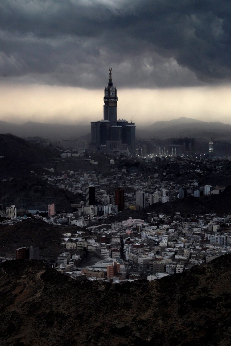 A view of the Royal Hotel Clock Tower located near the Haram Sharif Mosque during sunset, as seen from the top of the Jabal-al-noor ('Mountain of Light' in Arabic), four days before the Hajj 2012 pilgrimage, near Mecca, Saudi Arabia, on October 21, 2012.