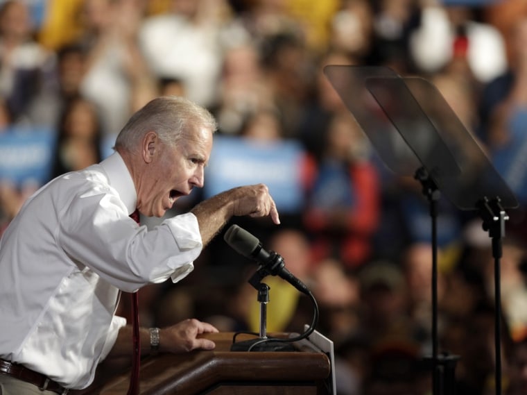 Vice President Joe Biden gestures while speaking during at a campaign rally, Tuesday, Oct. 23, 2012, at The University of Toledo in Toledo, Ohio.
