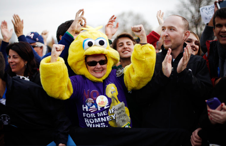 A supporter dressed in costume is seen cheering during a campaign event for President Barack Obama at City Park in Denver, on Oct. 24.