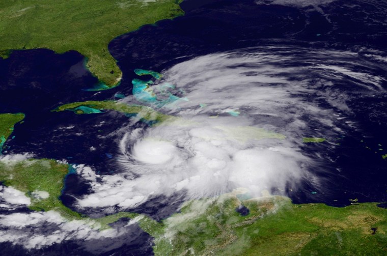 A satellite image shows Tropical Storm Sandy approaching Cuba on Oct. 24.