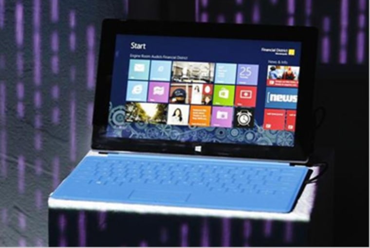 A Microsoft Surface tablet PC is displayed on a stand during its launch event with Microsoft Windows 8 in New York