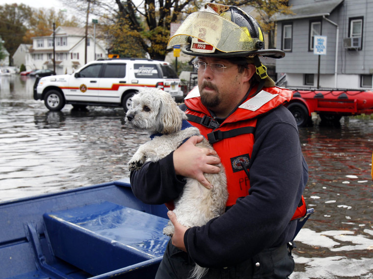 A fireman carries a resident's dog to safety from flood waters in Little Ferry, N.J. on Tuesday.