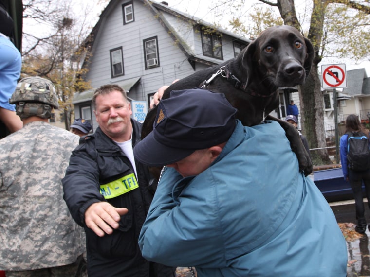 A resident and his dog are evacuated on Tuesday from a neighborhood in Little Ferry, N.J., one day after the superstorm Sandy slammed the East Coast.