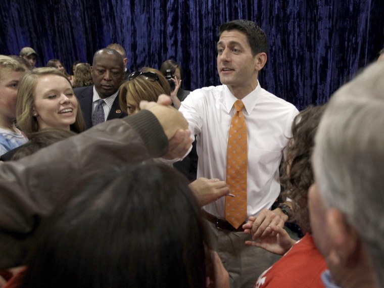Republican vice presidential candidate, Rep. Paul Ryan, R-Wis. greets supporters during a campaign event, Wednesday, Oct. 31, 2012, in Eau Claire, Wis.