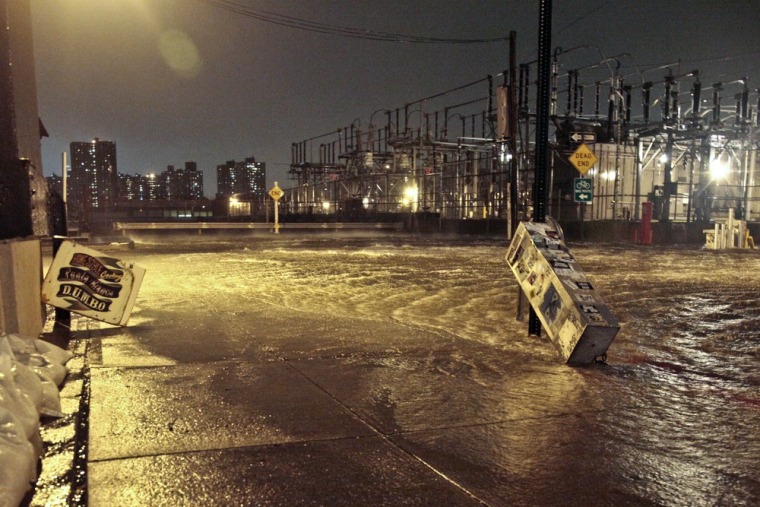 Streets around a Con Edison substation are flooded as the East River overflows into the Dumbo section of Brooklyn, N.Y., as Sandy moved through the area on Monday, Oct. 29, 2012.