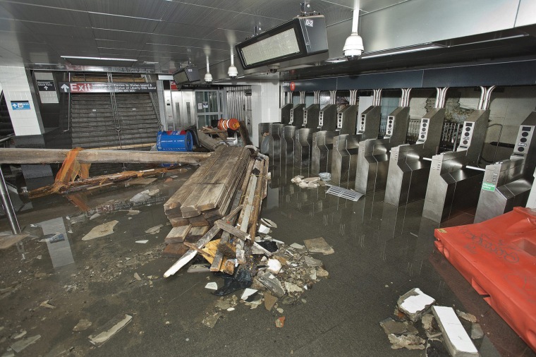 Flooding at the South Ferry subway station in lower Manhattan.