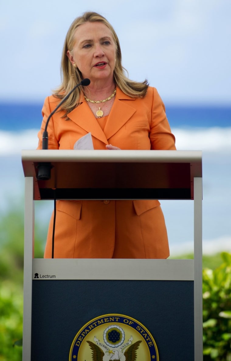 U.S. Secretary of State Hillary Rodham Clinton speaks during an event on peace and security in the Pacific, in Rarotonga, Cook Islands, on Friday.