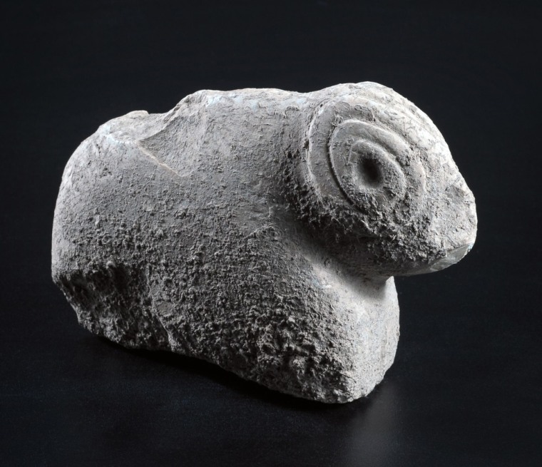 Archaeologists say this limestone figurine of a ram, discovered at a highway construction site between Jerusalem and Tel Aviv, dates back 9,000 to 9,500 years.