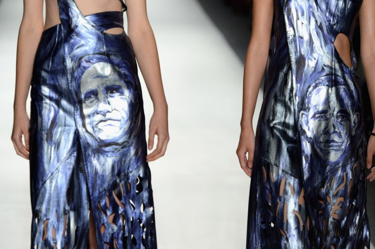 Political fashion: Dresses featuring faces of presidential candidates Mitt Romney and President Barack Obama, at the Katya Leonovich Spring/Summer 2013 collection during New York Fashion Week on Sept. 8.