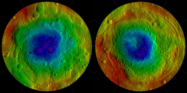 An elevation map from NASA's Dawn probe shows the topography of the northern and southern hemispheres of Vesta, updated with readings gathered during Dawn's last look back. Colors represent distance relative to Vesta's center, with lows in violet and highs in red.