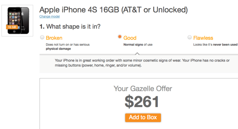 Screenshot of pricing for iPhone 4S trade-in.