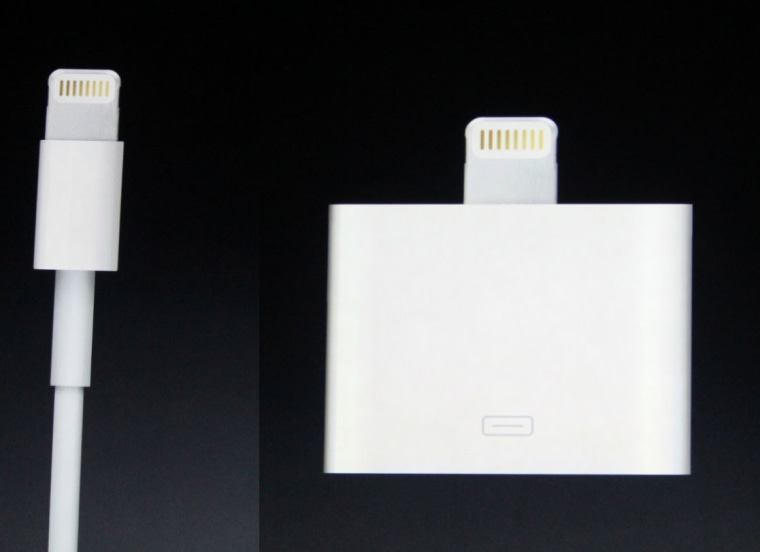 Apple's new Lightning connector and 30-pin-to-Lightning adapter.
