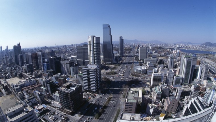 An aerial view of Gangnam, an affluent district of Seoul, South Korea.