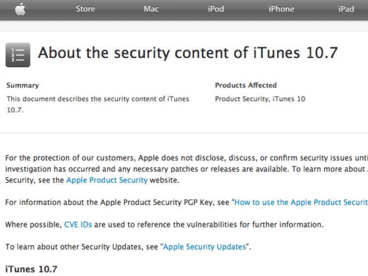 Part of Apple's security update information about iTunes 10.7.