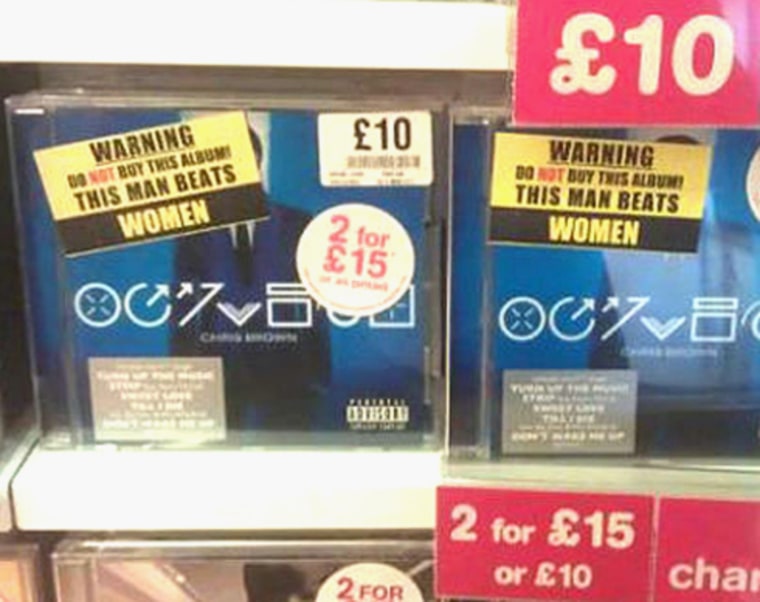 A group of U.K. campaigners put warning stickers on Chris Brown's new album, Fortune, in a London HMV store.