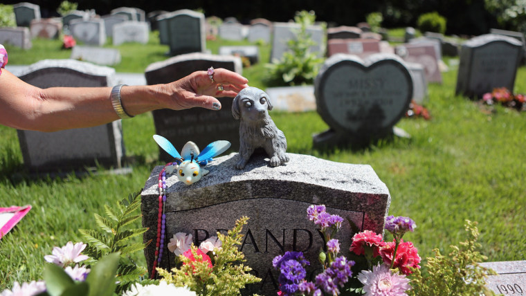 A pet owner adjusts adornments atop her dog's grave stone at the Hartsdale Pet Cemetery in Hartsdale, N.Y. The cemetery, established in 1896, is the oldest pet cemetery in the United States. Pet owners have the option of eventually having their own ashes buried in the plot, alongside their pets.