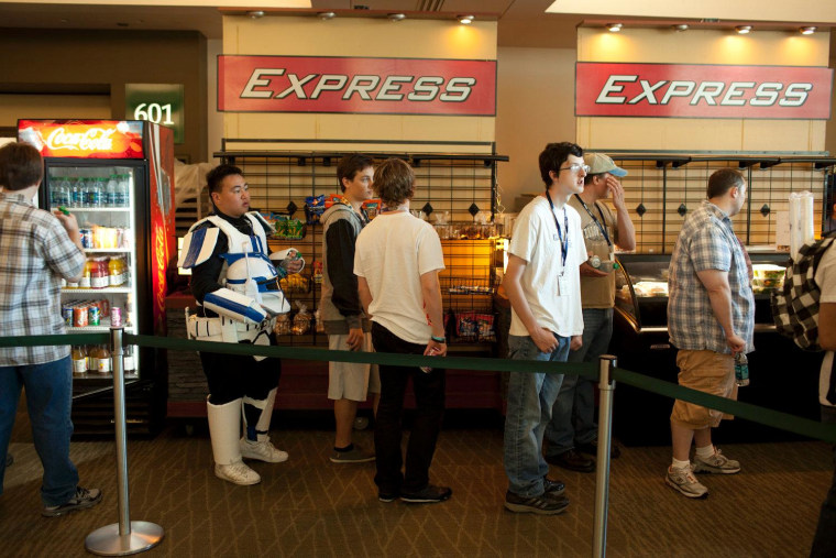 Michael Batin waits to buy bottled water inside Seattle's PAX convention on Sept. 1. Batin cosplayed for the first time at PAX where he sported a hip-hop clone trooper costume, boom box not pictured.