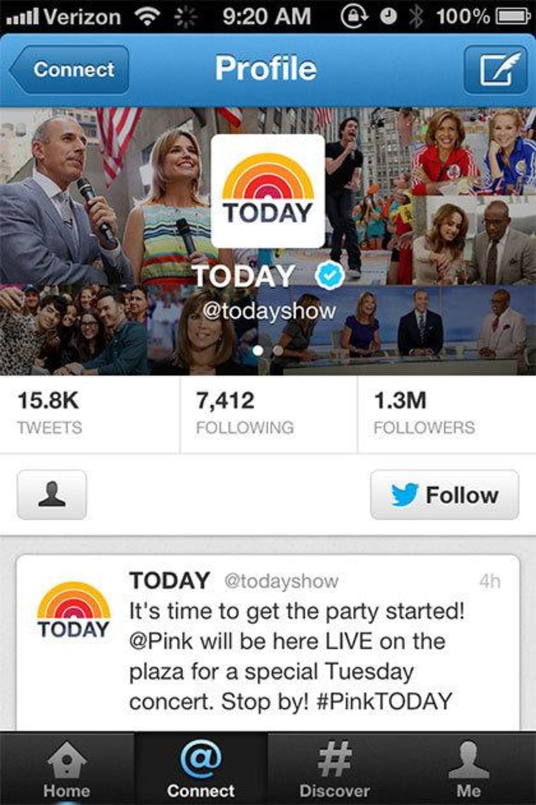 TODAY's Twitter profile, as seen on the Twitter iPhone app.