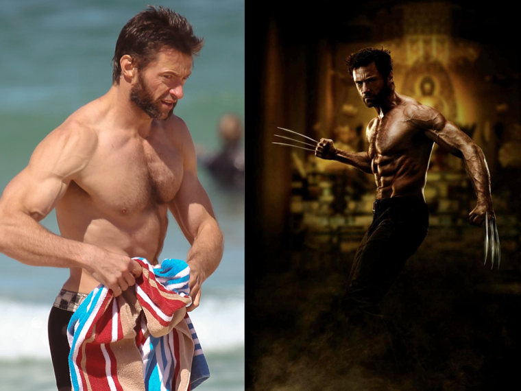 Hugh Jackman seen on the beach in Australia, left, and in a promotional image for his new movie, \"The Wolverine.\"