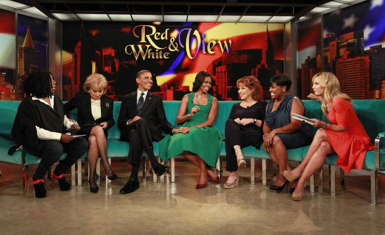 President Barack Obama and first lady Michelle Obama take part in a taping of the The View at ABC's studios in New York, September 24. Also pictured are show hosts Whoopi Goldberg (L), Barbara Walters (2nd L), Joy Behar (3rd R), Sherri Shepherd (2nd R), and Elizabeth Hasselbeck.