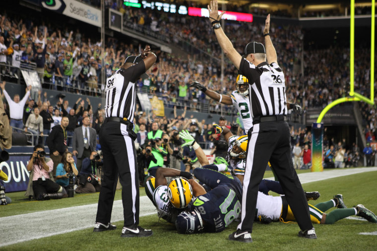 Wide receiver Golden Tate #81 of the Seattle Seahawks makes a catch in the end zone to defeat the Green Bay Packers on a controversial call by the officials at CenturyLink Field on Monday night.