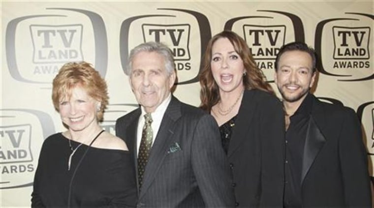From left, Bonnie Franklin, Pat Harrington Jr, Mackenzie Phillips and Glenn Scarpelli of \"One Day at a Time\" in New York April 14, 2012.